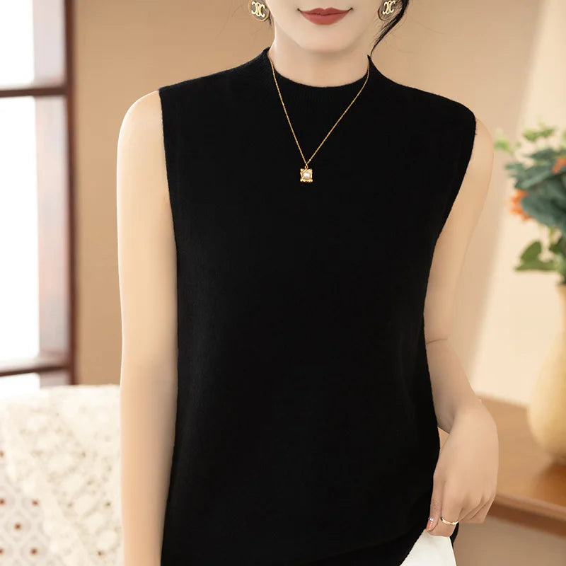 2025 New Spring and Summer 100% Merino Wool Sleeveless Mock Neck Pullover Women's Solid Color Sweater Women's Clothes