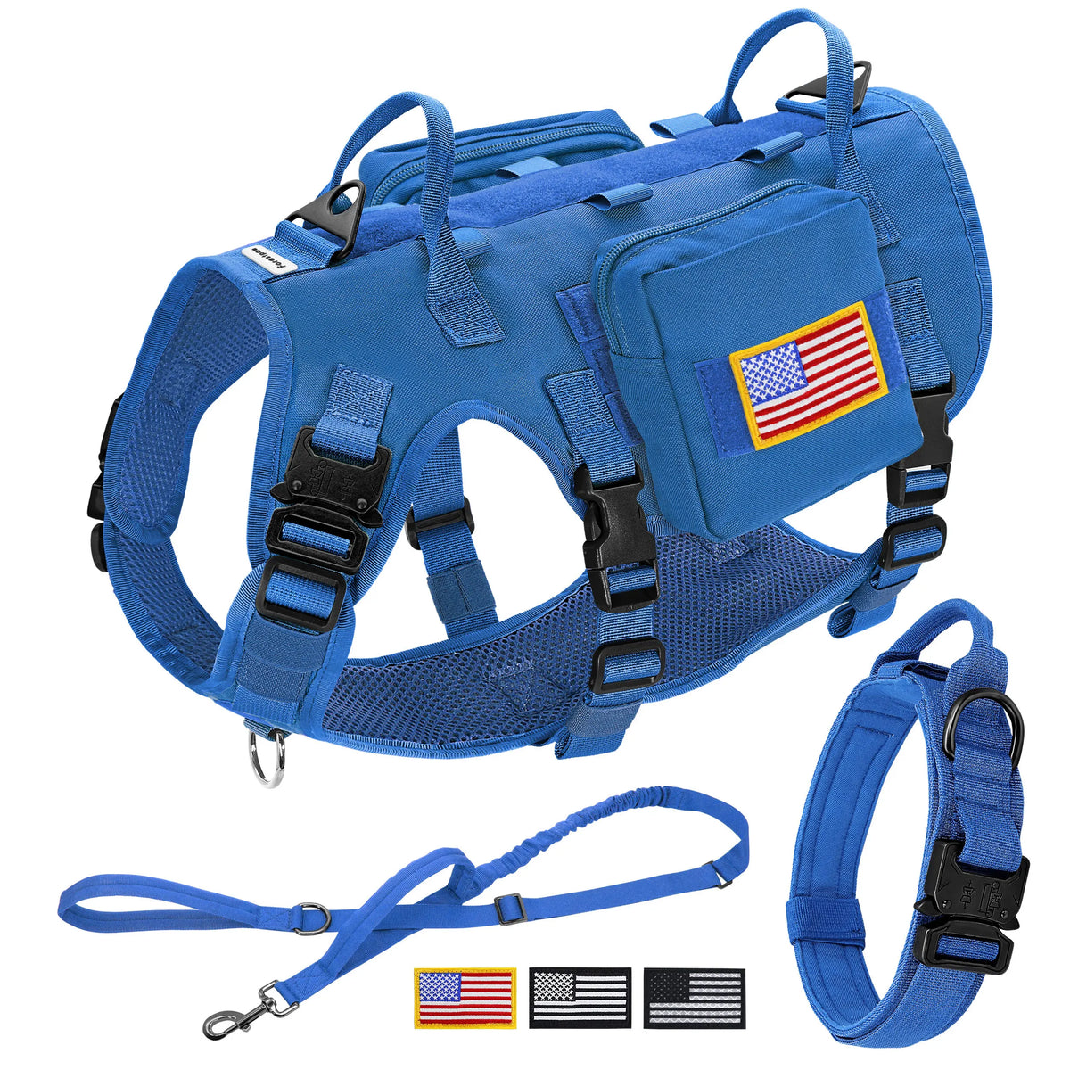 Military Tactical Dog Harness Collar Leash Set with Pouches Flags Durable Pet Harnesses Vest Collars Leashes for Dogs Training