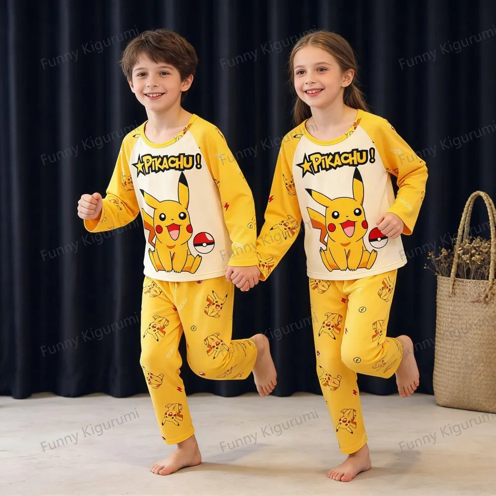 Cartoon Pijamas for Kids 3 to 5 7 9 11 13 Years Clothing Sets Boys Home Wear Girls Full Sleeve Pikachu Pajamas Teen Loungewear