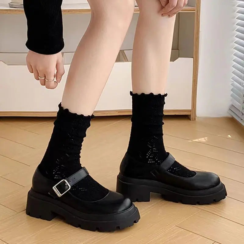 6 Pairs/lot Women's Mid-Tube Socks Hollow-Out Mesh with Flounce Trim Breathable Slouch Trendy and Versatile for Instagram Style