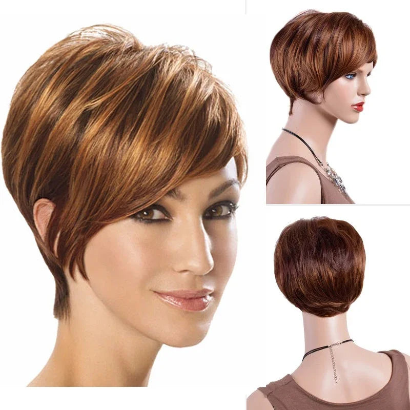 MSIWIGS Short Wavy Synthetic Cut Wigs For Women Daily Wear Africa American Brown Fake Hair