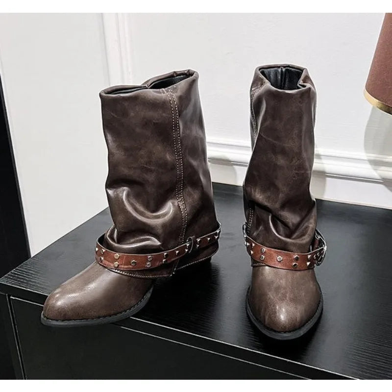Woman Boots  Long Platform Chunky Heels Trend Punk Gothic New Rock Leather Fashion Women's Shoes Motorcycle Footwear