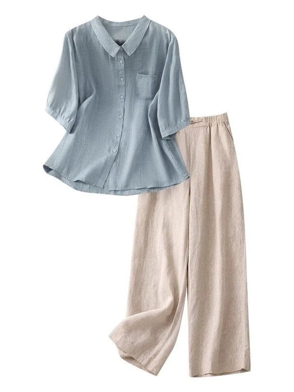Large Size Summer Cotton Linen Set for Mom Casual Faionable Belly Covering Two Piece Suit ort Sve  Collar Button up