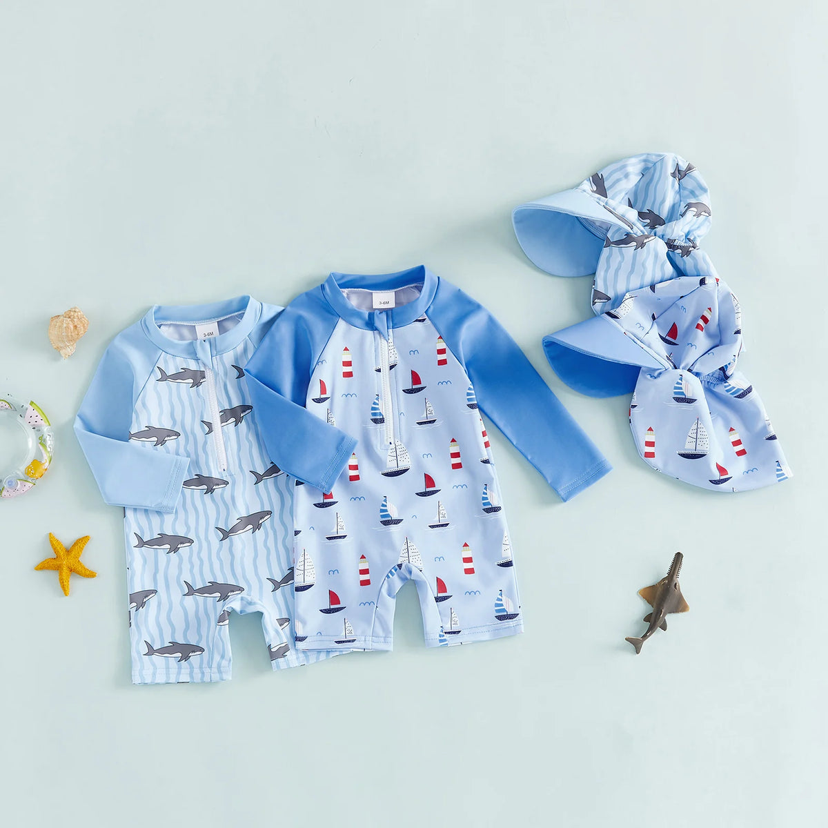0-5Years Toddler Kids Boys Swimsuit Set Sailboat/Shark Print Crew Neck Long Sleeve Upper Zipper Rash Guard Swimwear and Sun Hat