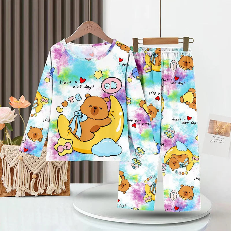 Capibara Kids Pajama Sets Long Sleeve Loungewear with Cute Animal Print Soft Sleepwear for Boys Girls Cartoon Sleepwear Outfit