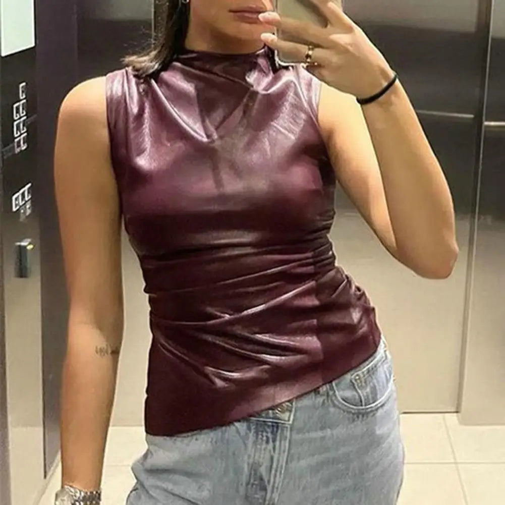 Leather Women Tank Top Standling Sleeveless Waist Lady Top PU Leather Folds Irregular Leather Vest Fashion Women's Clothing