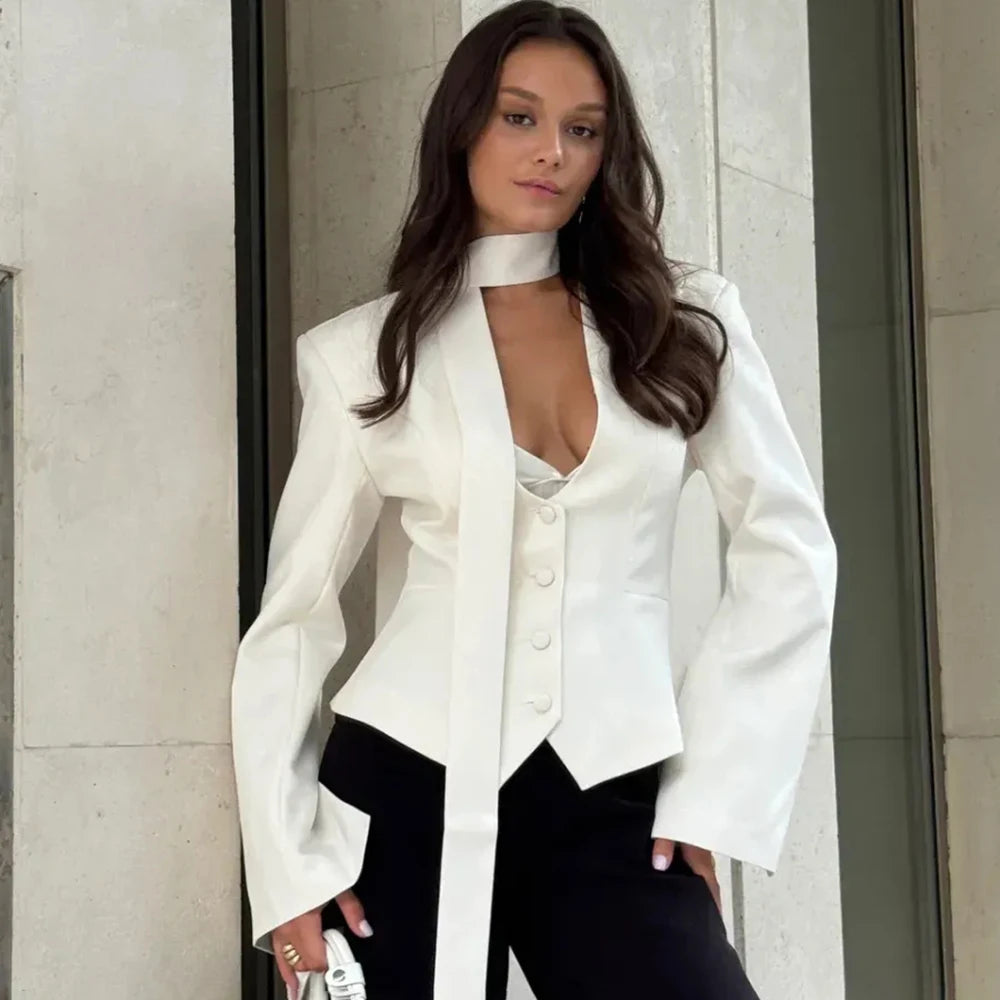 Talenza Female Fashion Blazer New Solid V-Neck Scarf Ribbon Long Sleeve Slim Blazer Elegant Luxury Chic Party Women Blazer Coats