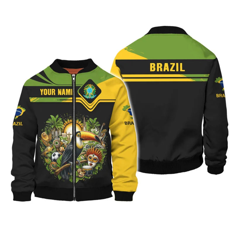 Fashion Brazil National Emblem 3D Print Jacket For Mens Clothing Street Hip-hop Zip Up Coat Loose Chaquetas Hombre Women Jackets
