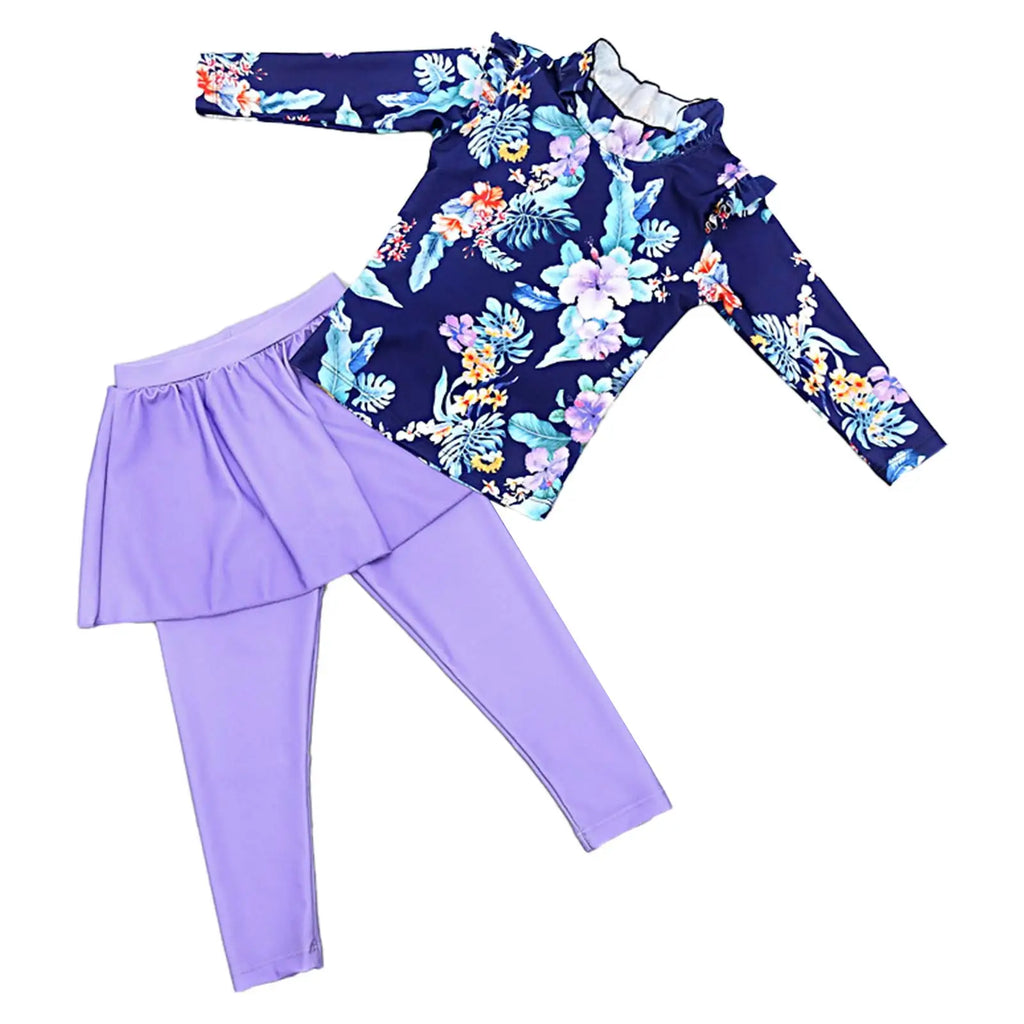 Kids Girls Swimsuit Swimwear Outfits Floral Printed Beachwear Sets Bathing Suit Long Sleeves Tops with Skirted Pants Rash Guard