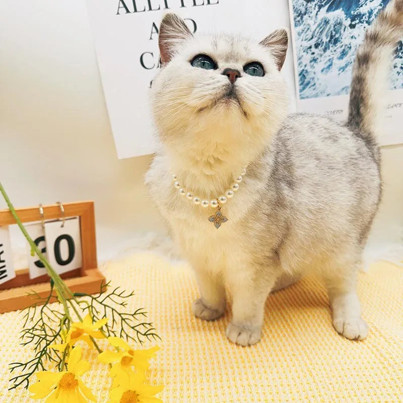 Cute Fashion Pet Supplies Cat Accessories Necklace Pearl Crystal Pet Collar Pearl Beaded  Solid Crystal Pendant Pet Products