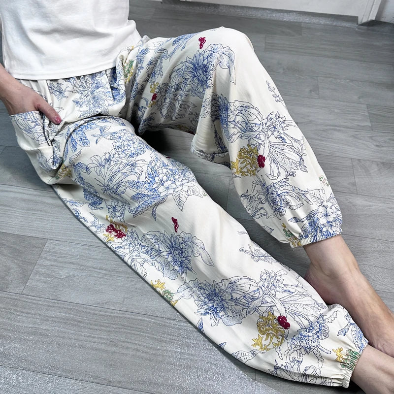 Cool Summer New Silk Cotton Spwear Loose Women's Wide Leg Pants Home Wear Floral Print Heat Resistant Comfortable Casual T...
