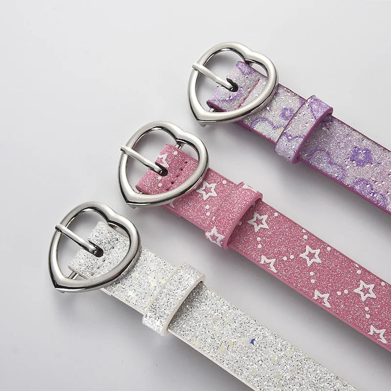 Children Faux Leather Belt Cute Heart Buckle Waist Belts Kids Shiny Waistband For Jeans Pants Dress Decorate New Fashion