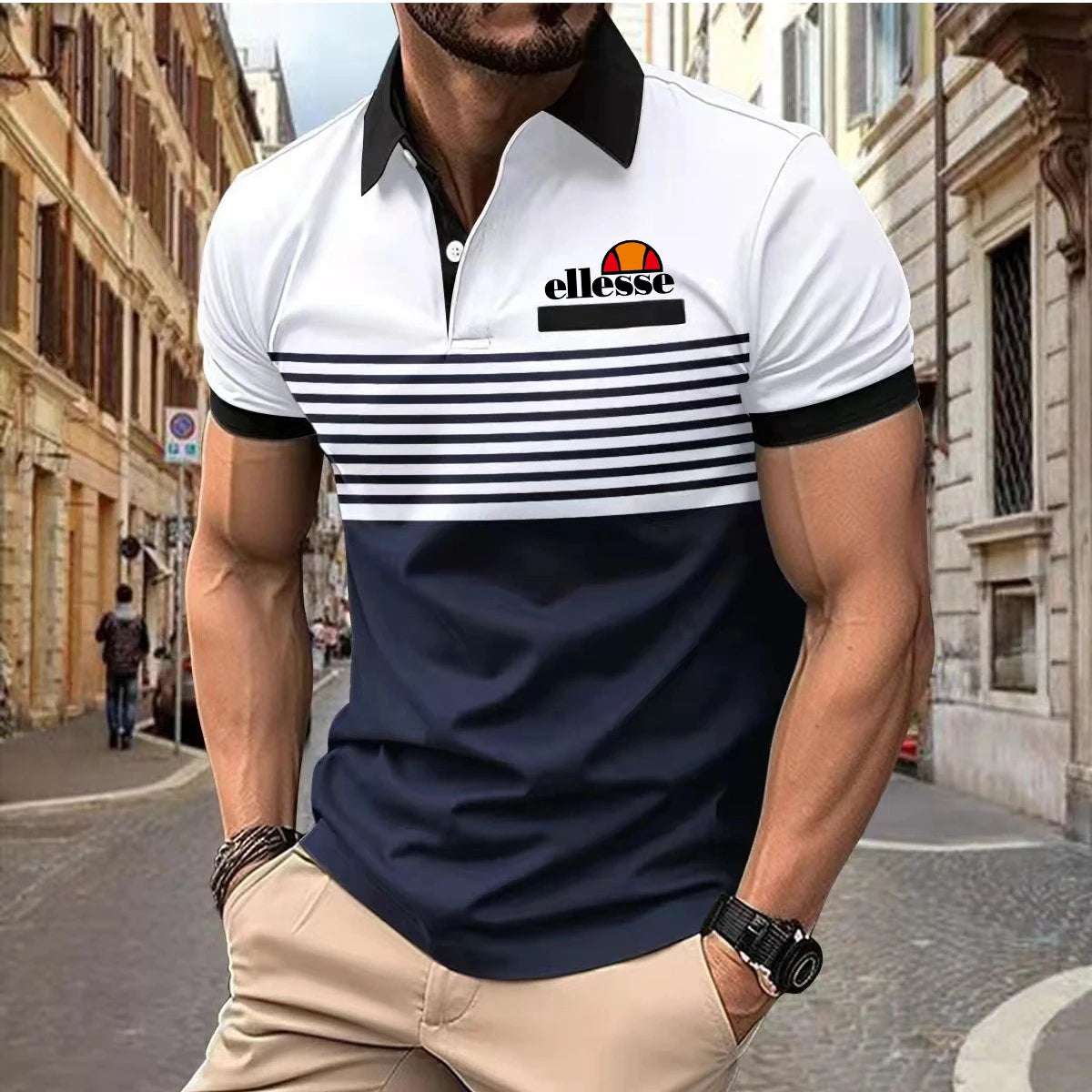 Premium Men's ellesse Polo Shirt: Skin-Friendly Material, Contrast Collar & Cuffs, Horizontal Stripes with Classic ellesse Logo