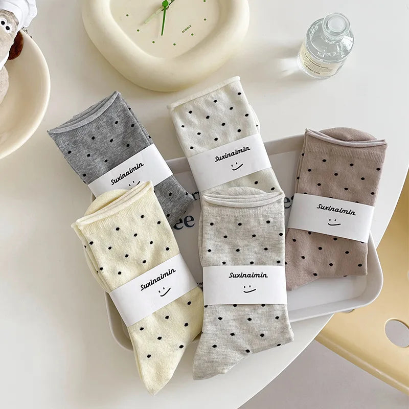 Women's spring summer thin vintage cream curled-edge women's socks polka dot mid-tube socks artistic socks women