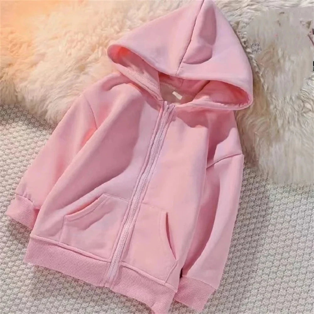 Zipper Style Hoodies Coat for Boys and Girls Pink Children Age 3-12 Kids Kawaii Sweatshirt Festival Gifts Solid Color New