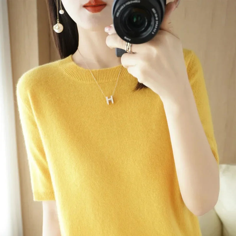 2025 Spring Summer Womens Sweater Short Sleeve O-neck Slim Fit Knitted Pullovers Bottoming Casual Knitwear Camel Pink Clothes