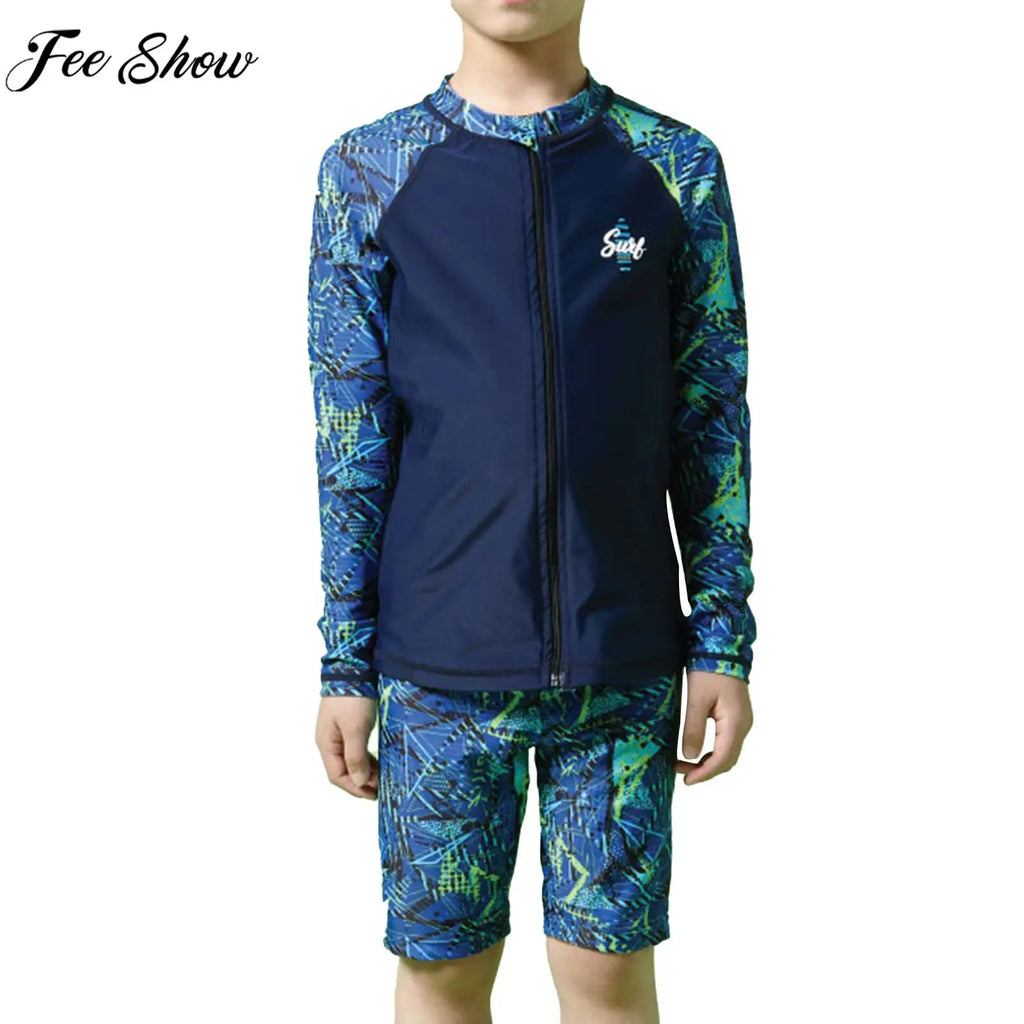 Children Boys Sunscreen Swimsuit Swimwear Long Sleeve Zipper Top with Shorts Hat Rash Guard Wetsuit Beach Pool Bathing Suit