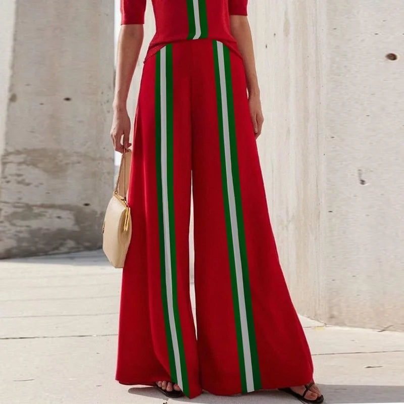 Krisstarsgirls Green White Striped Trousers Women 2025 Summer Spring Red Elastic Waist Wide Leg Contrast Color Long Pants Female