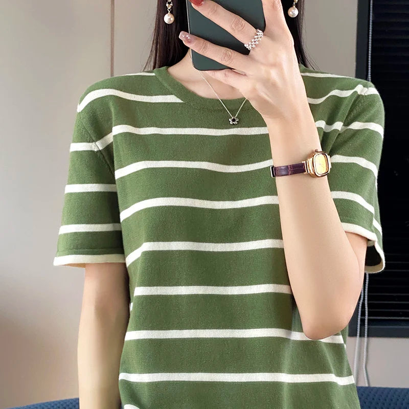WinvyNee Summer Women 100% Cotton Striped T Shirt Women Clother Tops Short Sleeve O neck Sweater Casual Basic Pullover A1092006