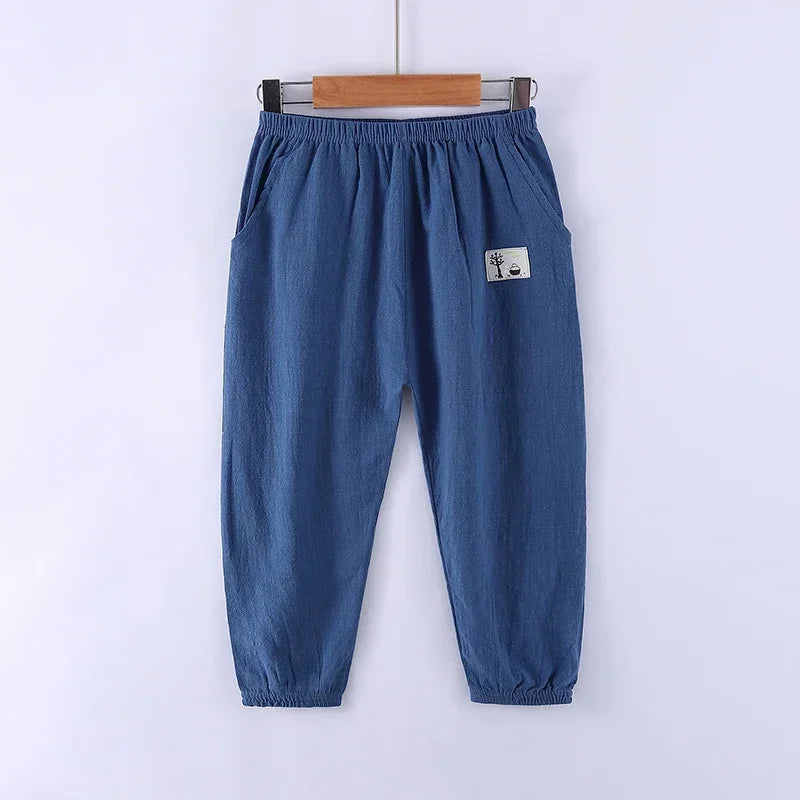 Children Trousers For Boys Girls Cotton Linen Elastic Waist Solid Color Summer Mosquito Pants Kids Clothing Long Pants 100-160cm
