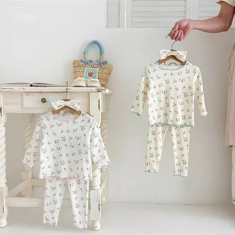 Soft Breathable Kids Newborn Baby Pajamas Set 0-3Y Infant Pink Floral Cotton Home Wear Suit Toddler Girls Sweet Loungewear