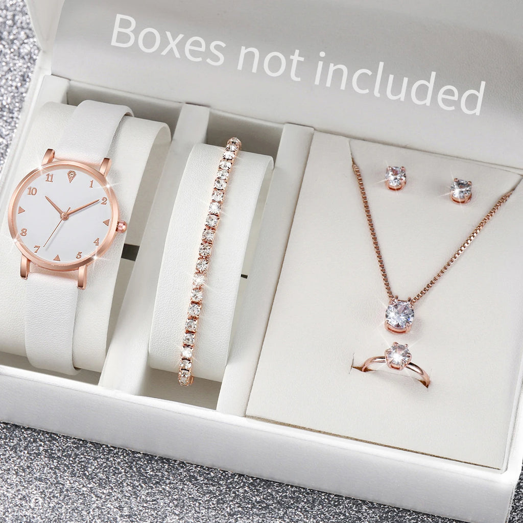 6PCS/Set Women's Watch Fashion Arabic Dial Leather Band Quartz Watches Diamond Jewelry Set（Without Box）