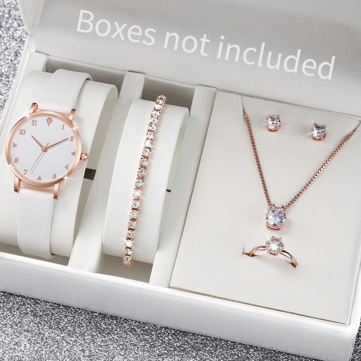 6PCS/Set Women's Watch Fashion Arabic Dial Leather Band Quartz Watches Diamond Jewelry Set（Without Box）