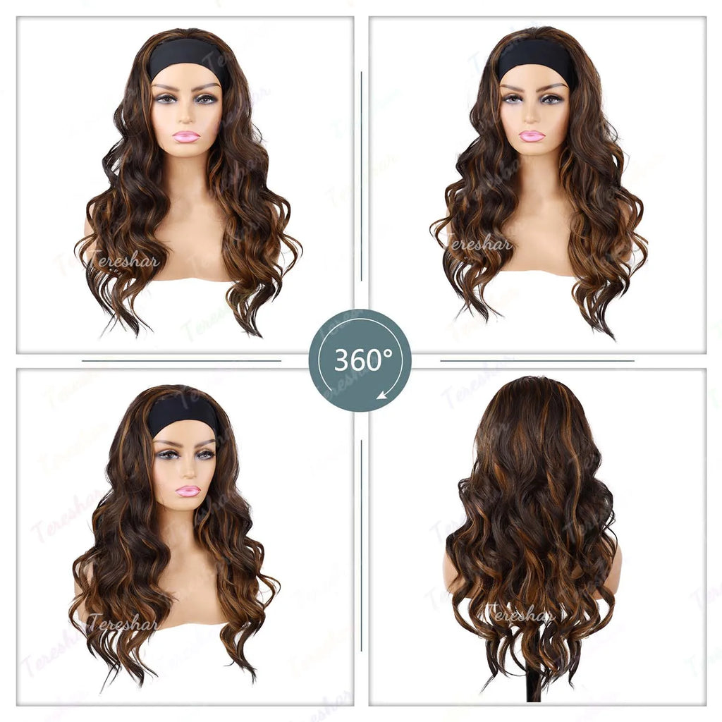 Synthetic Long Wavy Headband Wig for Women Headband Wigs Put On and Go Wig Long Curly Wig for Women Party Daliy Use