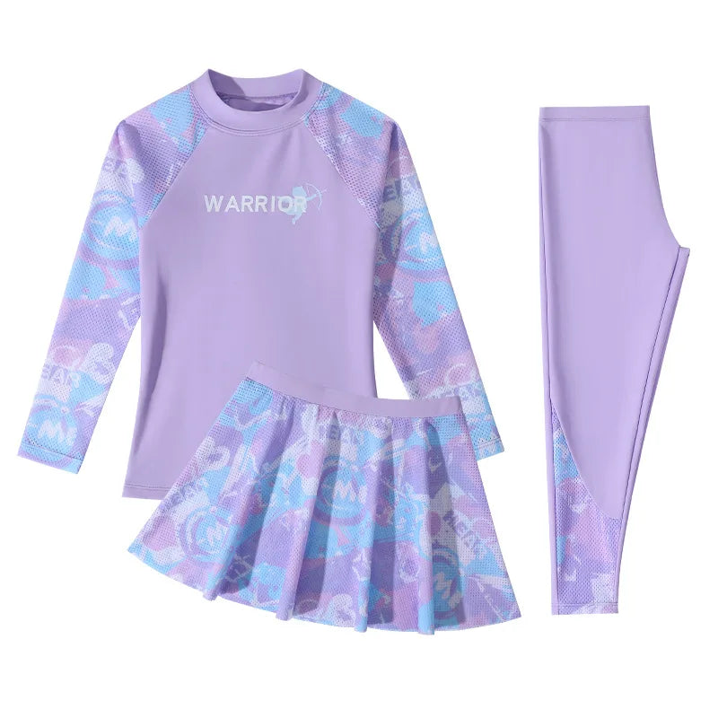 New Girls Fashion Swimsuit Sets Kids Long Sleeve Letter Top + Pants + Skirt 3Pcs for Kids 5-12 Years Split Swimming Clothes
