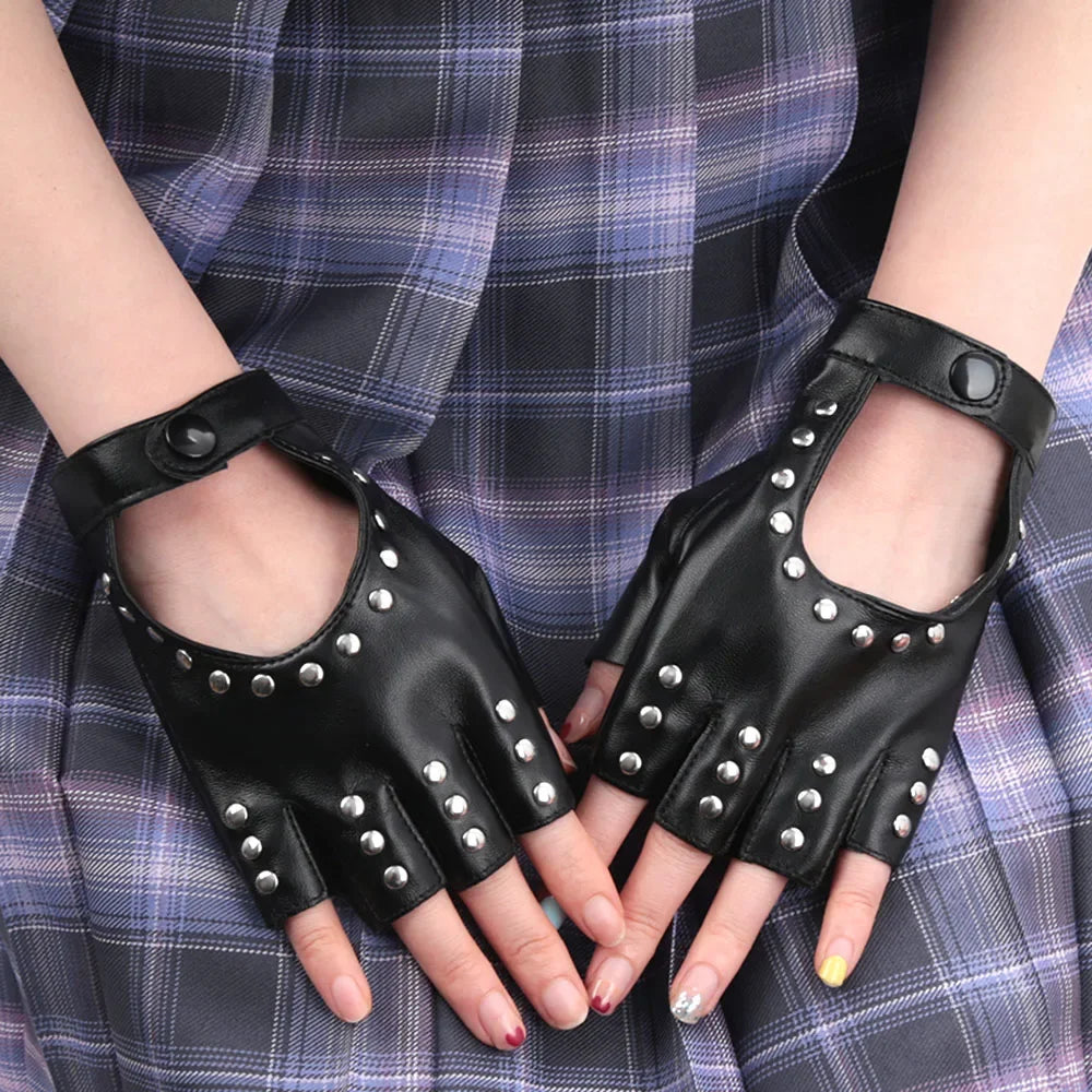 Women Gothic Rivets Finger Less Gloves Wedding Party Breathable Driving Pu Punk Gloves Halloween Night Club Work Cosplay Gloves