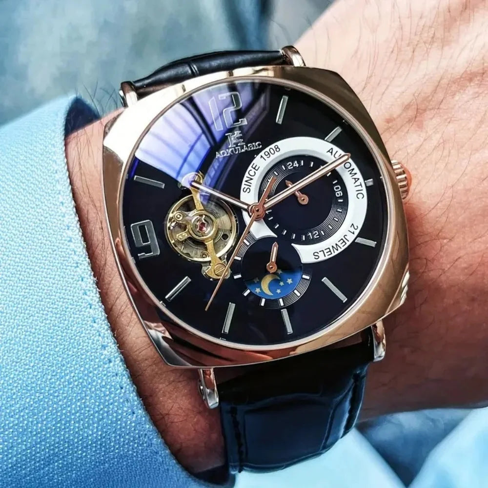 [Mechanical Men's Watch] Retro Mechanical Men's Watch | Elegant, Skeleton Dial, Hollow Design, Alloy Case, Synthetic Leather Strap | Business and Casual Wear, No Batteries Required