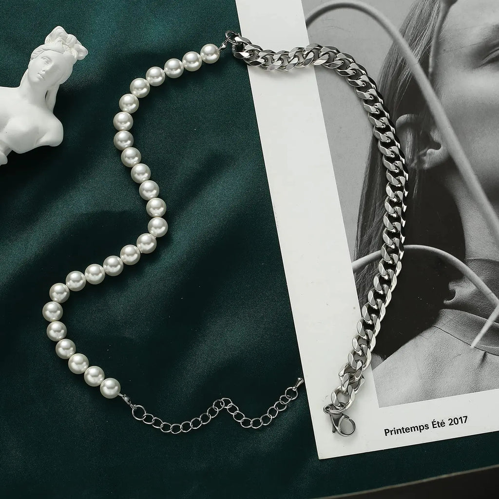 Pearl Necklace for Men-Half Pearl Half Chain Necklaces Cuban Link Chains for Men Stainless Steel Jewelry
