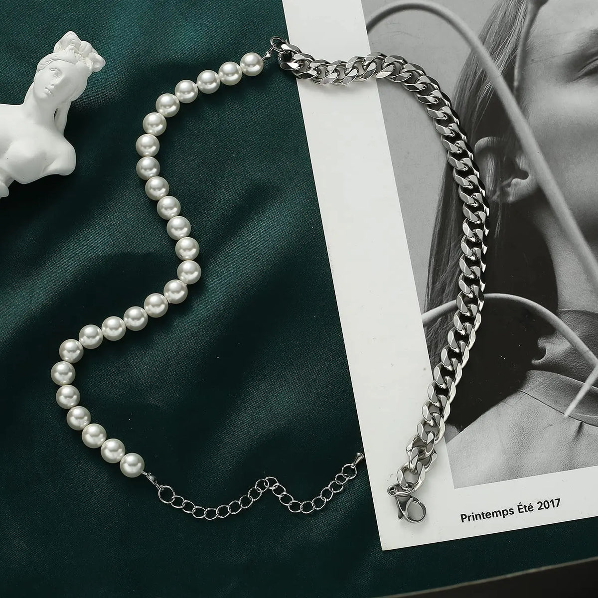 Pearl Necklace for Men-Half Pearl Half Chain Necklaces Cuban Link Chains for Men Stainless Steel Jewelry