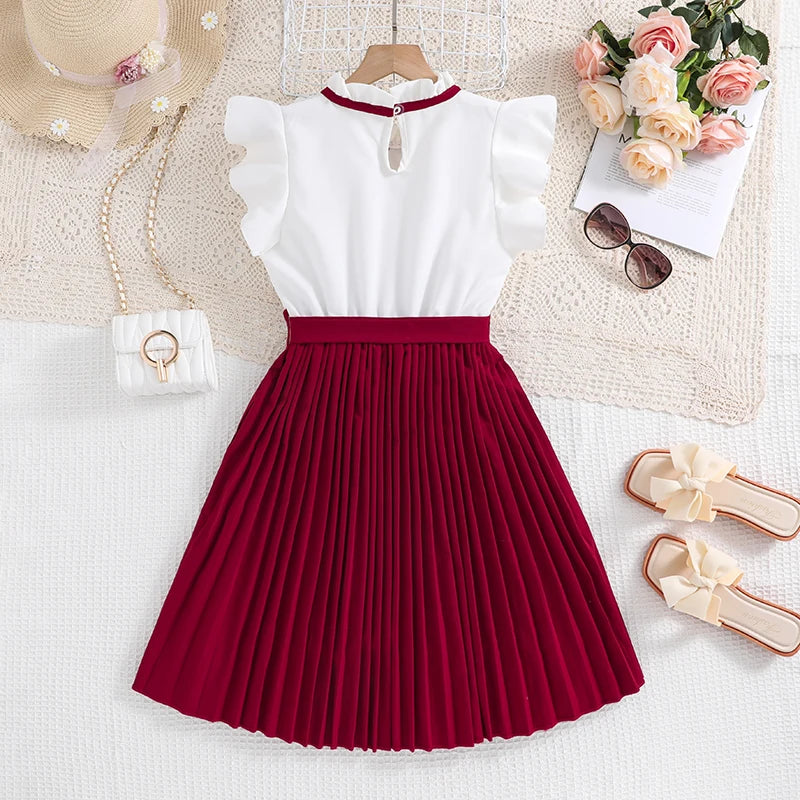 Kids Dress For Girls White Petal Sleeves Pleated Khaki Skirt & Bow Tie Preppy Style Elegant Birthday Party Clothes For 8-12 Year