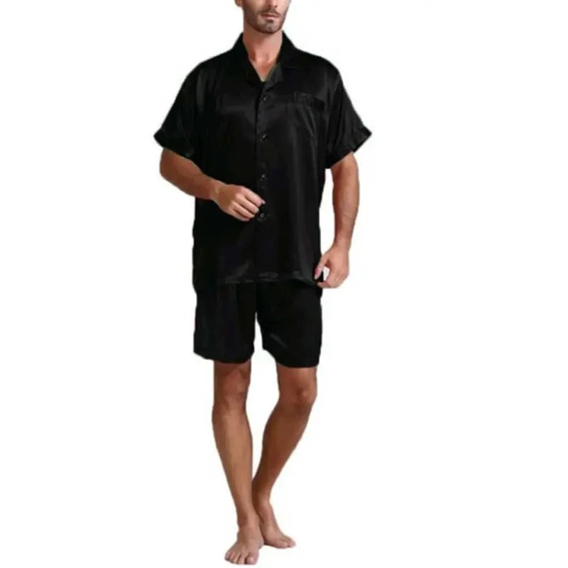 Men's Loose Smooth Skin-friendly Short-sleeved Pajamas Set Solid Color Leisure Home Wear Buttoned Shirts and Shorts 2-piece Suit