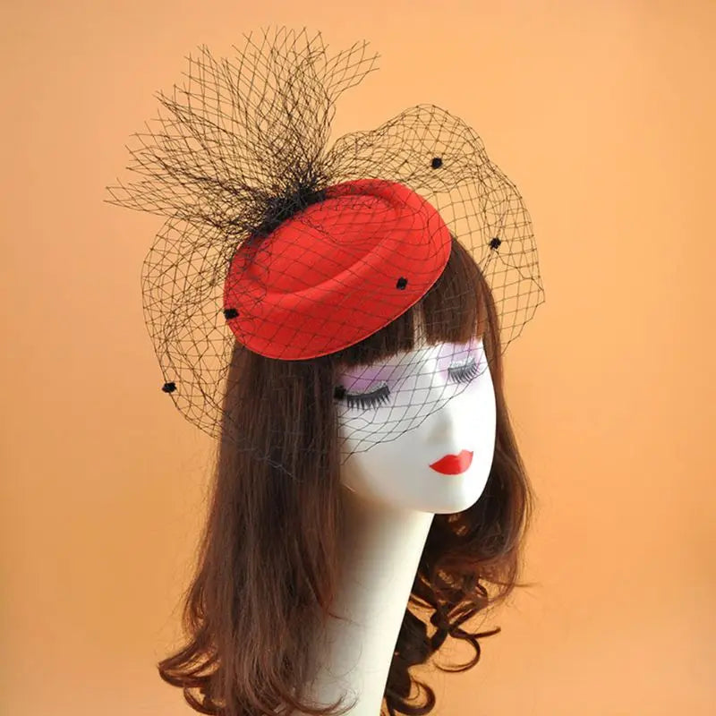 Fascinator Hats for Women Pillbox Cap with Plush Polka Dot Mesh Veil and Hair Clip Cocktail Tea Party Headwear Headdress