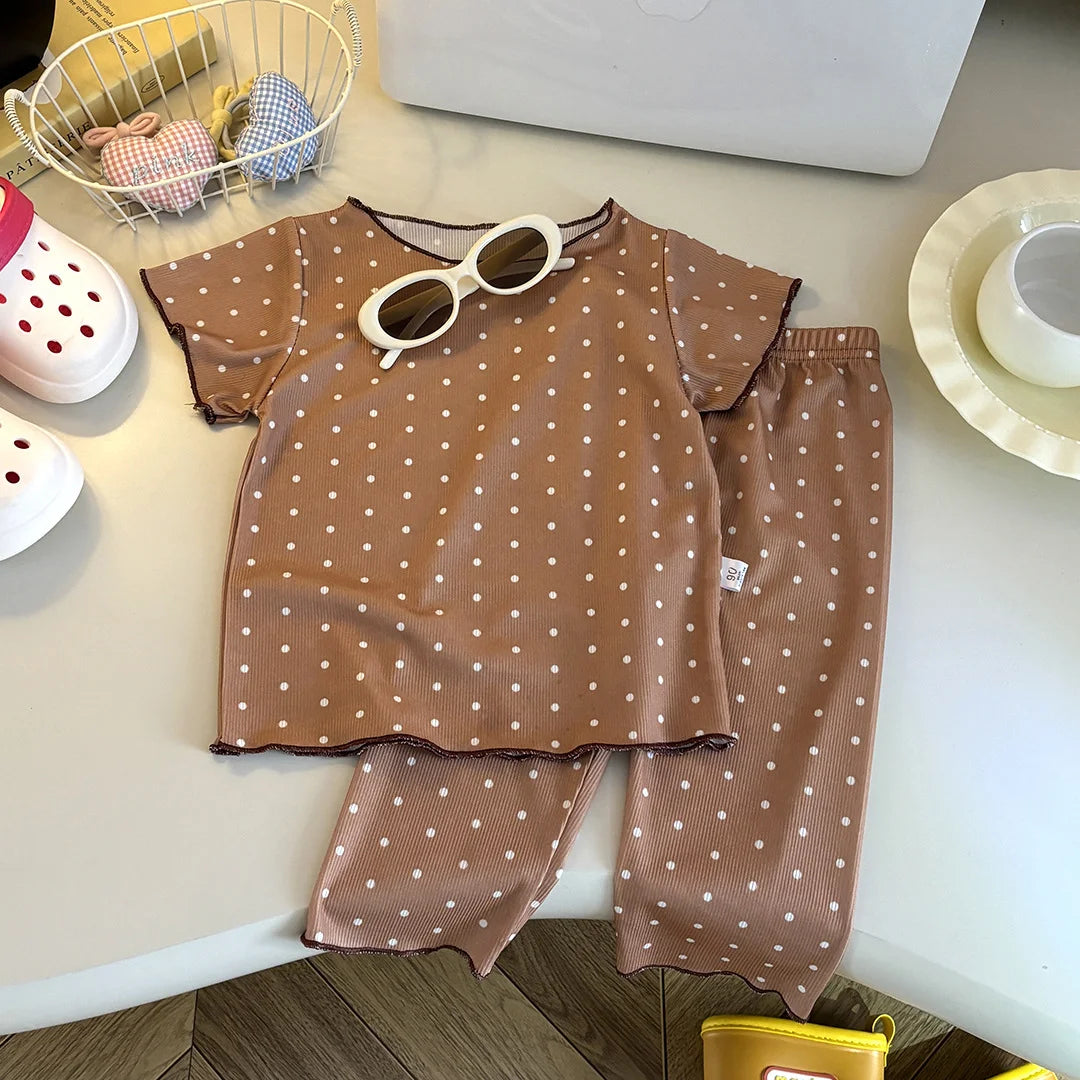 Kids Summer Striped Polka Dot Pajamas Set Baby Girls Short Sleeve Tops+Pants 2PCS  Soft Breathable Loungewear Clothes Set