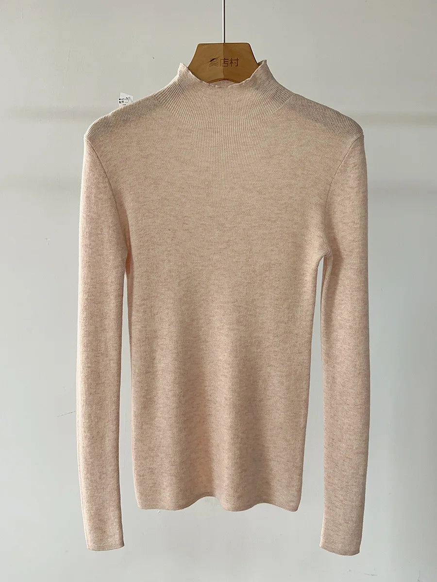 BirdTree, 100% Wool Slim Thin Sweater, Women Long Sleeve Mock Neck, Seamless Bottom High Elastic Top, 2025 Winter Fall T46985QM