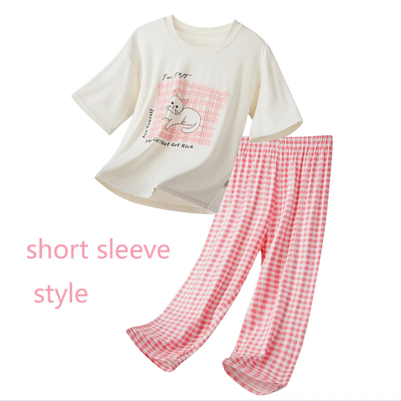 Kids Modal Pajamas Set, Short Sleeve Long Pants Cartoon Loungewear, Breathable Cool Soft Sleepwear For Boys Girls