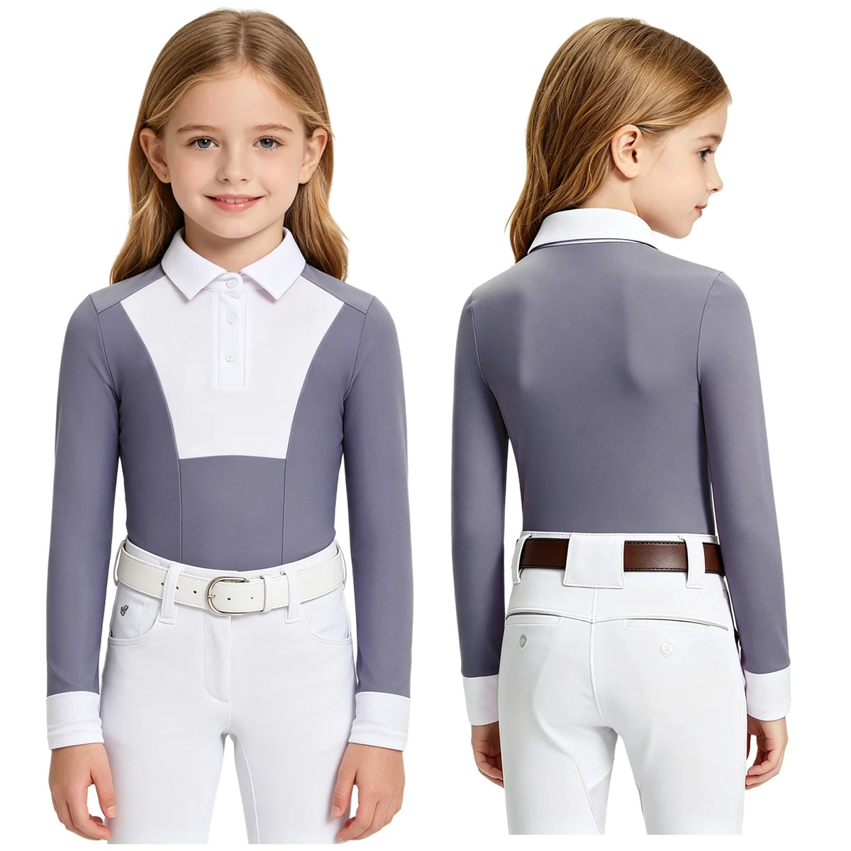 Kids Girls Horse Riding Sports Shirts Top Long Sleeve Buttons Contrast Color Shirt Equestrian Clothing Golf Workout Activewear