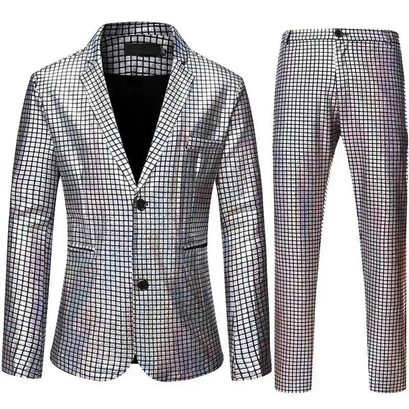 Shiny Mens Stage Prom Suits Rainbow Plaid Sequin Jacket Pants Men Dance Festival Christmas Halloween Party Costume Homme