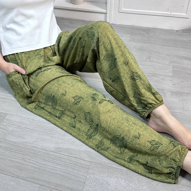 Cool Summer New Silk Cotton Spwear Loose Women's Wide Leg Pants Home Wear Floral Print Heat Resistant Comfortable Casual T...