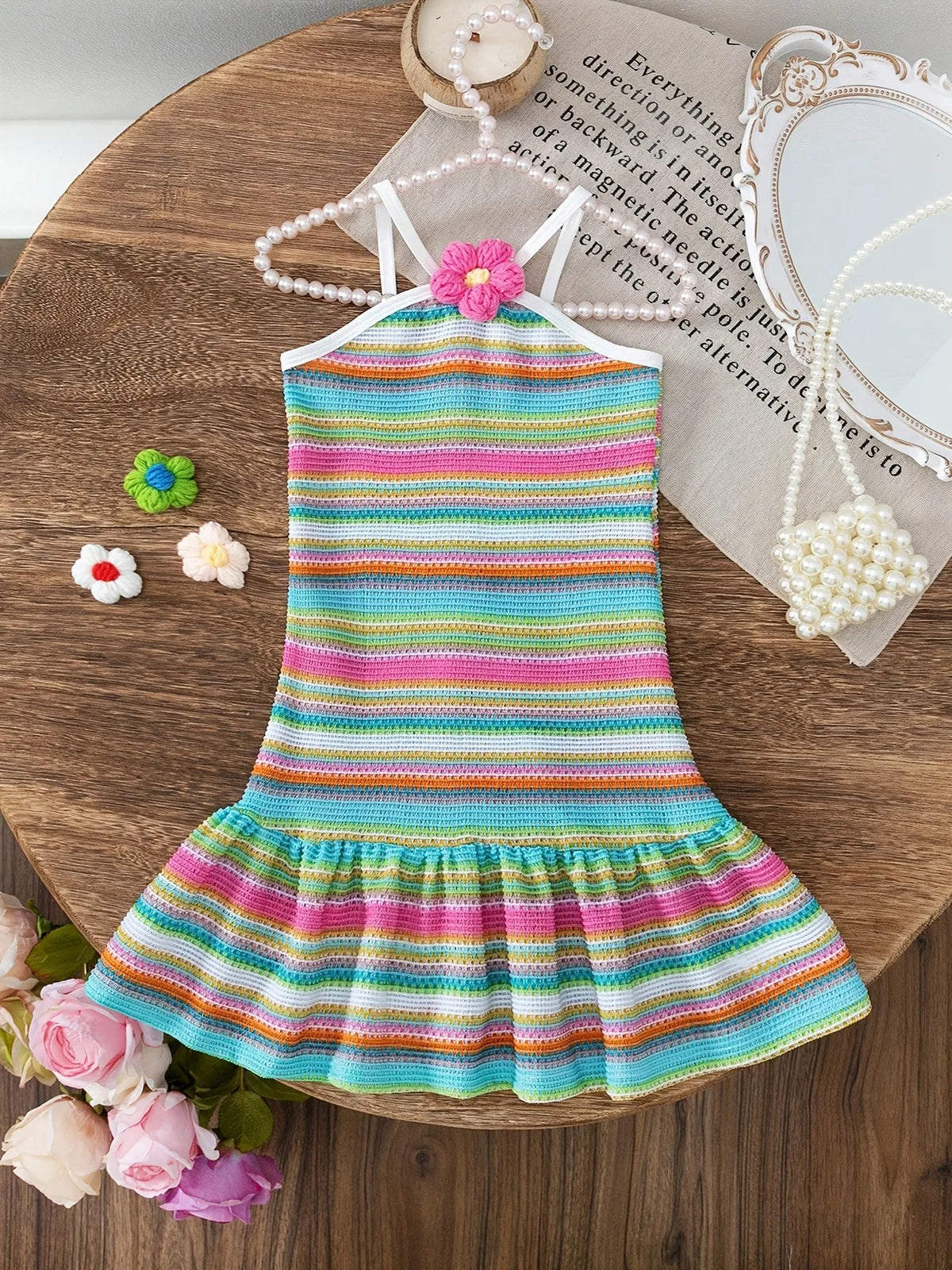Kids Girls Colorful Striped Knit Mini Dress, 3D Flower Halter Sling Ruffle Hem Bodycon Summer Sundress