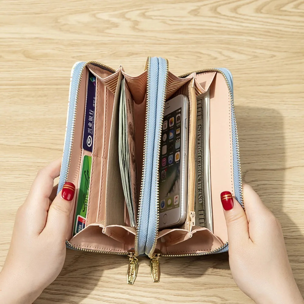 New PU Leather Female Long Wallet Double Layered Multifunctional Money Purses Large Capacity Zipper Purse
