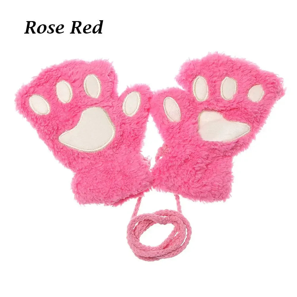 Children Cat Gloves Fashion Boys Girls Cat Claw Paw  Mittens Warm Soft  Short Fingerless Half Finger Winter Gloves