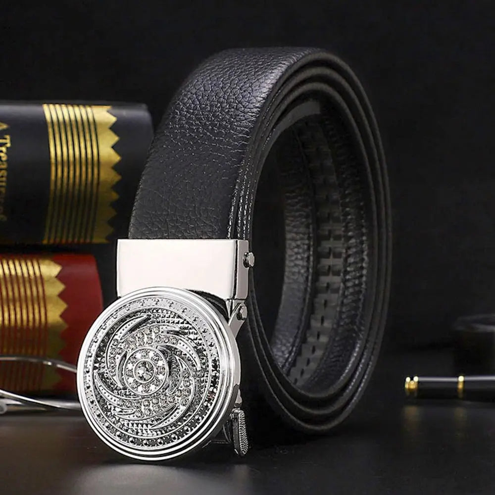 Men Business Time To Run Belt Man Automatic Buckle Leather Belt Golden Waist Buckle Males Luxury Belt Rhinestone Decoration