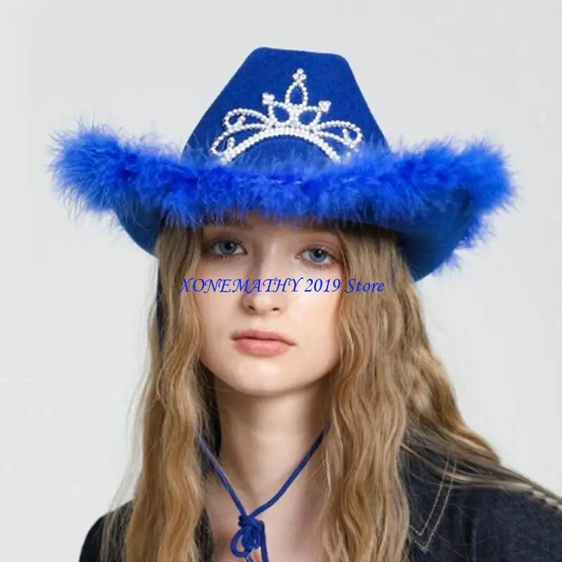 F42F Funny Party Hats Cowgirls Hat Furry Trims Ladies Western Hats for Womens Fedoras Western Cowgirls Hat Vintage