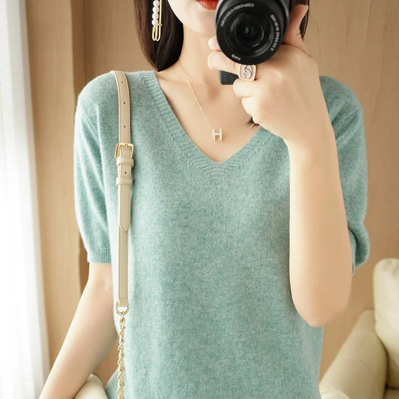 Women Sweater Casual Short Sleeve Pulls 2025 Spring Summer V-neck Knitwears Korean Fashion Shirts Tops Pullovers Soft Jumpers