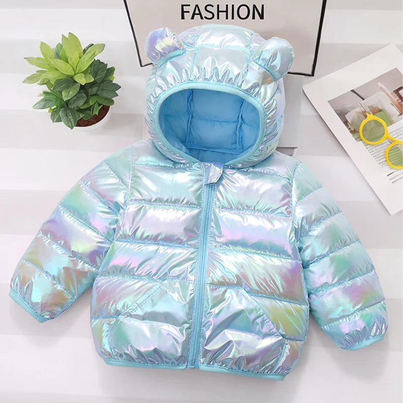 2-6 Years Boys Girls Cotton Hooded Jacket Autumn Winter Fashion Dazzle Colour Shiny Coat Thick Warm Zipper Outerwear for Kids