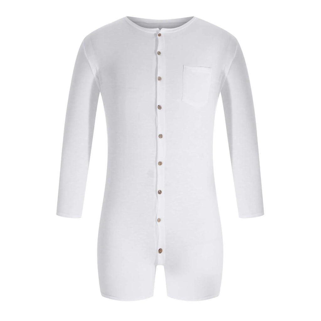 Men Pajamas Rompers Solid Color O Neck Long Sleeve Button Jumpsuits Homewear 2025 Breathable Men Thin